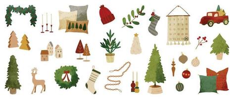 Set of watercolor christmas element vector illustration. Collection of christmas wreath, bauble ball, socks, christmas tree, reindeer, hat. Design for sticker, card, poster, invitation, greeting.