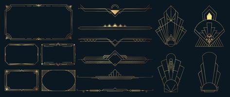 Collection of geometric art deco ornament. Luxury golden decorative elements with different lines, frames, headers, dividers and borders. Set of elegant design suitable for card, invitation, poster.