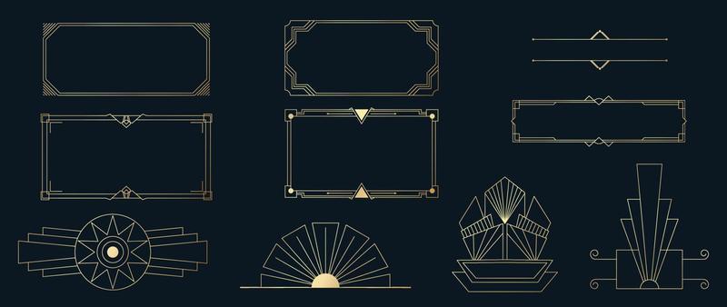 Collection of geometric art deco ornament. Luxury golden decorative elements vintage style with different lines, frames, headers, banner. Set of elegant design suitable for card, invitation, poster.