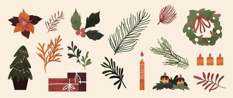 Set of watercolor christmas element vector illustration. Collection of christmas tree, present, candle light, leaf branch, floral wreath. Design for sticker, card, poster, invitation, greeting.