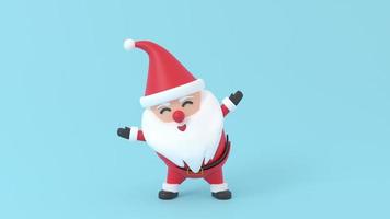 Happy cute Santa Claus smile in red clothes. Realistic 3d character compatible doodle emoji elements on face. Collection Santa Claus stand raise your hand Isolated on blue background for Xmas festival video