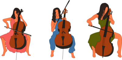 conjunto de tres chicas tocan el violonchelo. mujer joven. violonchelo. png