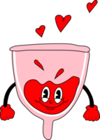 Retro Menstrual cup mascot character with hearts -. 40s, 50s, 60s old animation style. Girl hygiene producer. PNG illustration