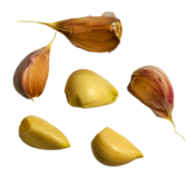 Peeled and unpeeled garlic cloves from different angles isolated png