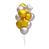 bouquet de ballons dorés et argentés 3d réalistes. forme d'étoile. décoration d'illustration pour carte, fête, design, flyer, affiche, bannière, web, publicité png
