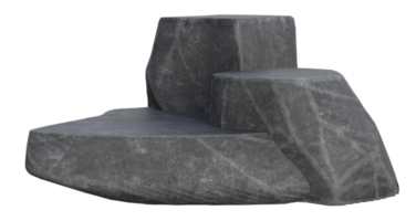 3D Black stone podium display. Natural rough grey rock step pedestal. Concept raw stone stand advertisement display product backdrop mountain png