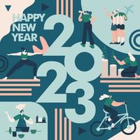 feliz año nuevo 2023. 2023 objetivos y resoluciones concepto ilustración. gente diminuta divirtiéndose con sus metas en 2023. vector