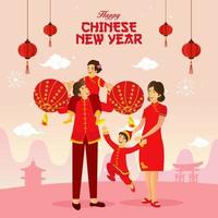 feliz tarjeta de felicitación de año nuevo chino. ilustración vectorial una familia china jugando linternas chinas celebrando el año nuevo chino vector