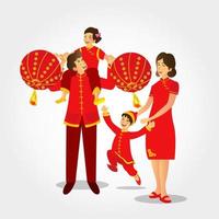 ilustración vectorial una familia china vistiendo trajes nacionales tocando linternas chinas celebrando el año nuevo chino vector