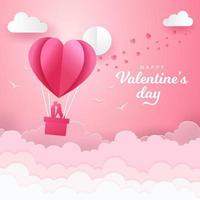 Valentine's Day background with romantic couple kissing and standing inside a basket of an air balloon vector