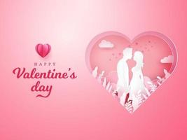 Valentine's Day greeting card. couple in love holding hands and looking each other with carved heart background. vector