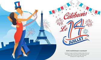 tarjeta de felicitación del día de la bastilla con baile, fiestas y fuegos artificiales. le 14 juillet traducción al francés del 14 de julio día nacional francés vector