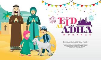 tarjeta de felicitación eid al adha. familia árabe de dibujos animados celebrando eid al adha con desierto, casa como fondo vector