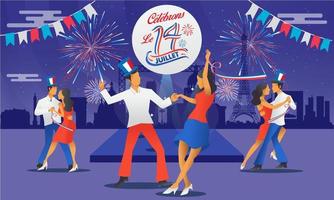 Bastile day greeting card with dance, parties and firework vector