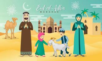 Eid al Adha greeting card. cartoon arab family celebrating Eid al Adha with desert, camel and mosque as background