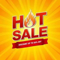 Hot Sale design template with burning fire flame vector illustration on yellow pop art background