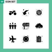 9 Thematic Vector Solid Glyphs and Editable Symbols of syncing research coach market chart Editable Vector Design Elements