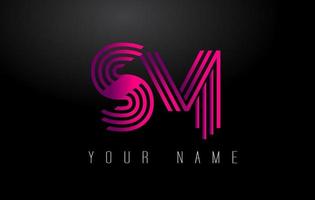 SM Magenta Lines Letter Logo. Creative Line Letters Vector Template.