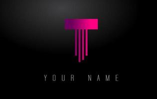 T Magenta Lines Letter Logo. Creative Line Letters Vector Template.