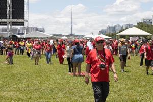 Brasilia, DF, Brazil Jan 1 2023 Lula supporters gathering in front of the National Congress showing support for President Lula photo