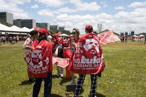 Brasilia, Brazil Jan 1 2023 Lula supporters gathering in front of the National Congress showing support for President Lula photo