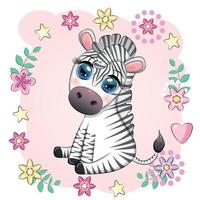 Cute cartoon zebra sits in flowers. Childish striped character, African animals vector