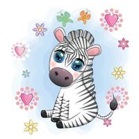 Cute cartoon zebra sits in flowers. Childish striped character, African animals vector