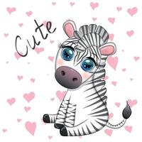 Cute cartoon zebra is sitting and waving its tail. Children's character vector