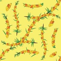 Sea buckthorn seamless pattern. Twigs with berries and leaves. Template with orange fresh berries for wallpaper vector