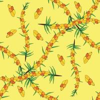 Sea buckthorn seamless pattern. Twigs with berries and leaves. Template with orange fresh berries for wallpaper vector