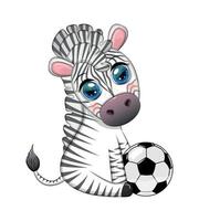 Cute zebra with a soccer ball. Cartoon character, summer sport vector