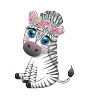 Striped zebra in a wreath of flowers, with a bouquet. Spring is coming vector