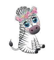 Striped zebra in a wreath of flowers, with a bouquet. Spring is coming vector