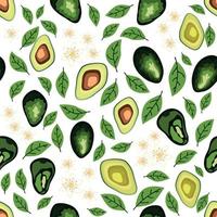 Avocado seamless pattern. Whole and sliced avocado with leaves and flowers. vector