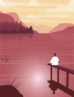 ilustración de un yogui meditando sobre el aire fresco en la naturaleza junto al lago en el contexto de un paisaje montañoso vector