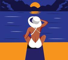 Digital illustration of a girl in the summer resting on vacation on the beach looking at the ocean sea vector