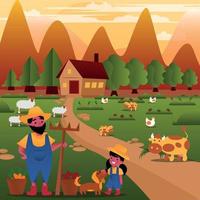 ilustración digital de una granja de pancartas de colores brillantes un agricultor y su hija se dedican a la agricultura en el prado pastoreando ovejas, vacas, plantando y cosechando vector