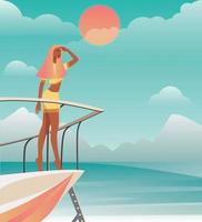 Digital illustration of a girl in summer on vacation on a yacht looks at the landscape ocean sea mountains vector