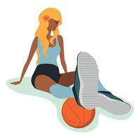 Beautiful girl blonde sits resting after playing sports and playing basketball ball Valeball vector