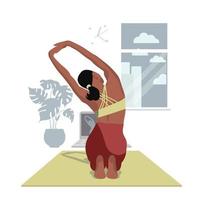 A girl doing yoga at home on a computer doing stretching online vector