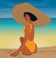 Digital illustration of a summer girl in a big hat on the beach vector