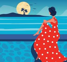 Vector illustration character girl on vacation in a red dress looks at the sunset and the ocean