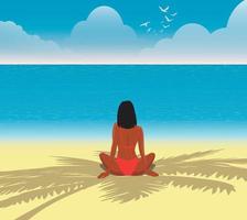 Digital illustration of a girl in summer on vacation rejoices in the ocean meditates and sunbathes on the beach in the shade of a palm tree vector