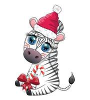 Cute zebra in santa hat with christmas ball, candy kane, gift. Wildlife holidays cartoon character. vector