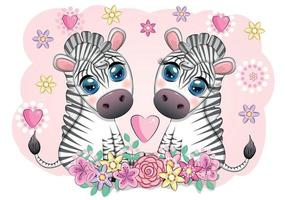 Zebras in love in flowers with a heart, Valentine's day postcard vector