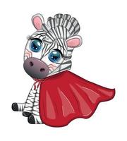 Striped zebra in a red coat. super hero child character vector