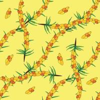 Sea buckthorn seamless pattern. Twigs with berries and leaves. Template with orange fresh berries for wallpaper vector