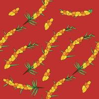 Sea buckthorn seamless pattern. Twigs with berries and leaves. Template with orange fresh berries for wallpaper vector