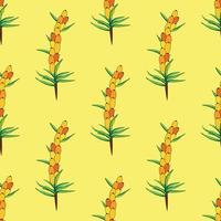 Sea buckthorn seamless pattern. Twigs with berries and leaves. Template with orange fresh berries for wallpaper vector