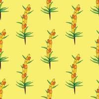 Sea buckthorn seamless pattern. Twigs with berries and leaves. Template with orange fresh berries for wallpaper vector